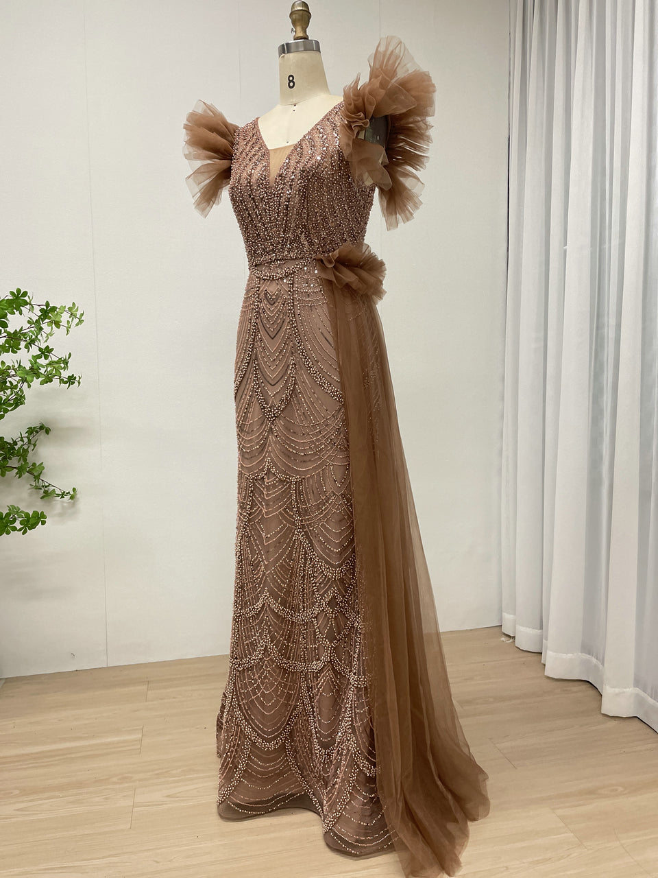 Brown Mermaid Gown with V-Neck and Ruffle Cap Sleeves MY30208