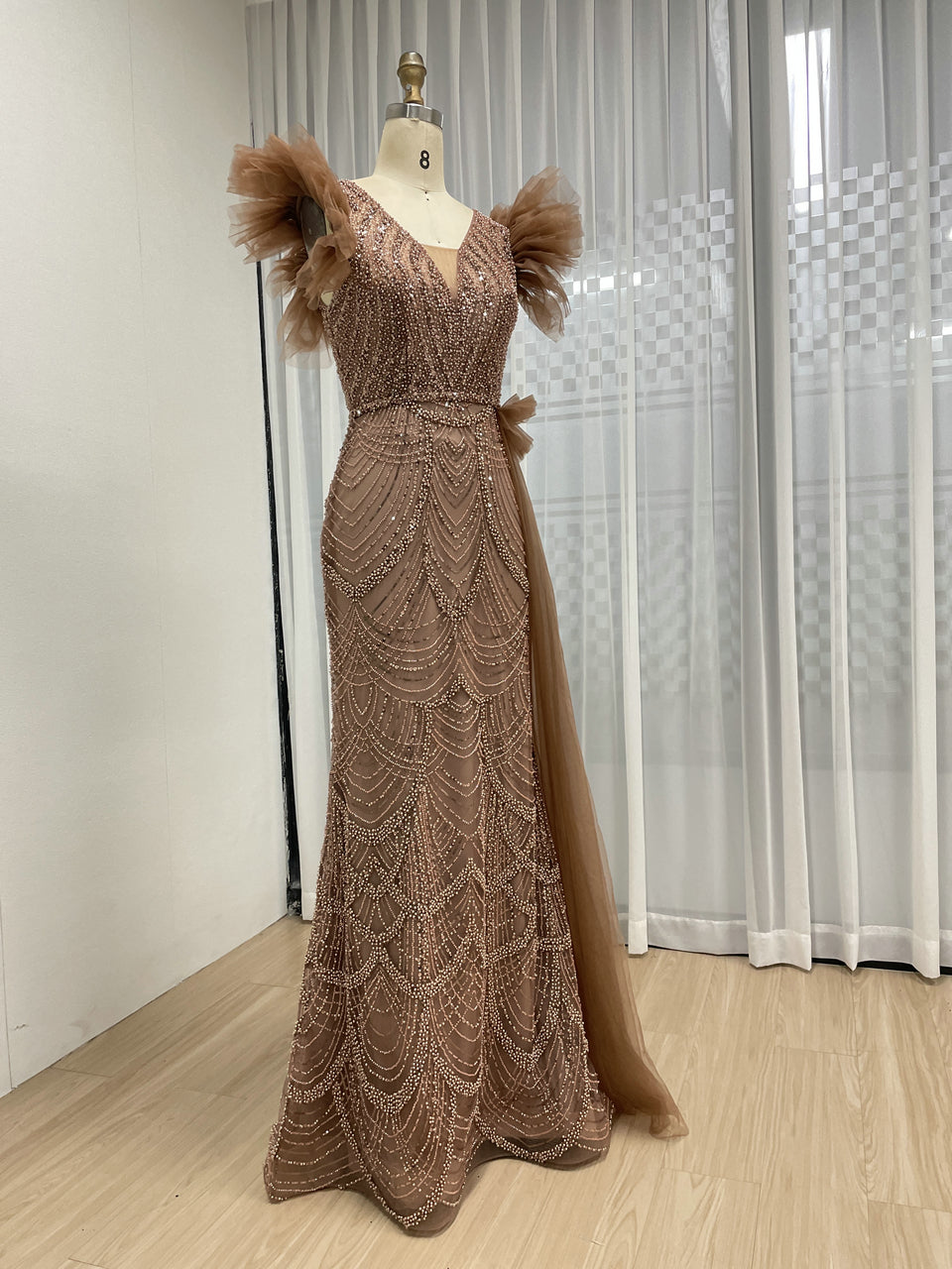 Brown Mermaid Gown with V-Neck and Ruffle Cap Sleeves MY30208