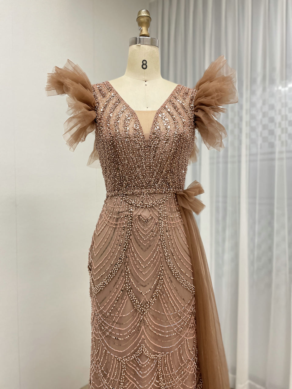 Brown Mermaid Gown with V-Neck and Ruffle Cap Sleeves MY30208