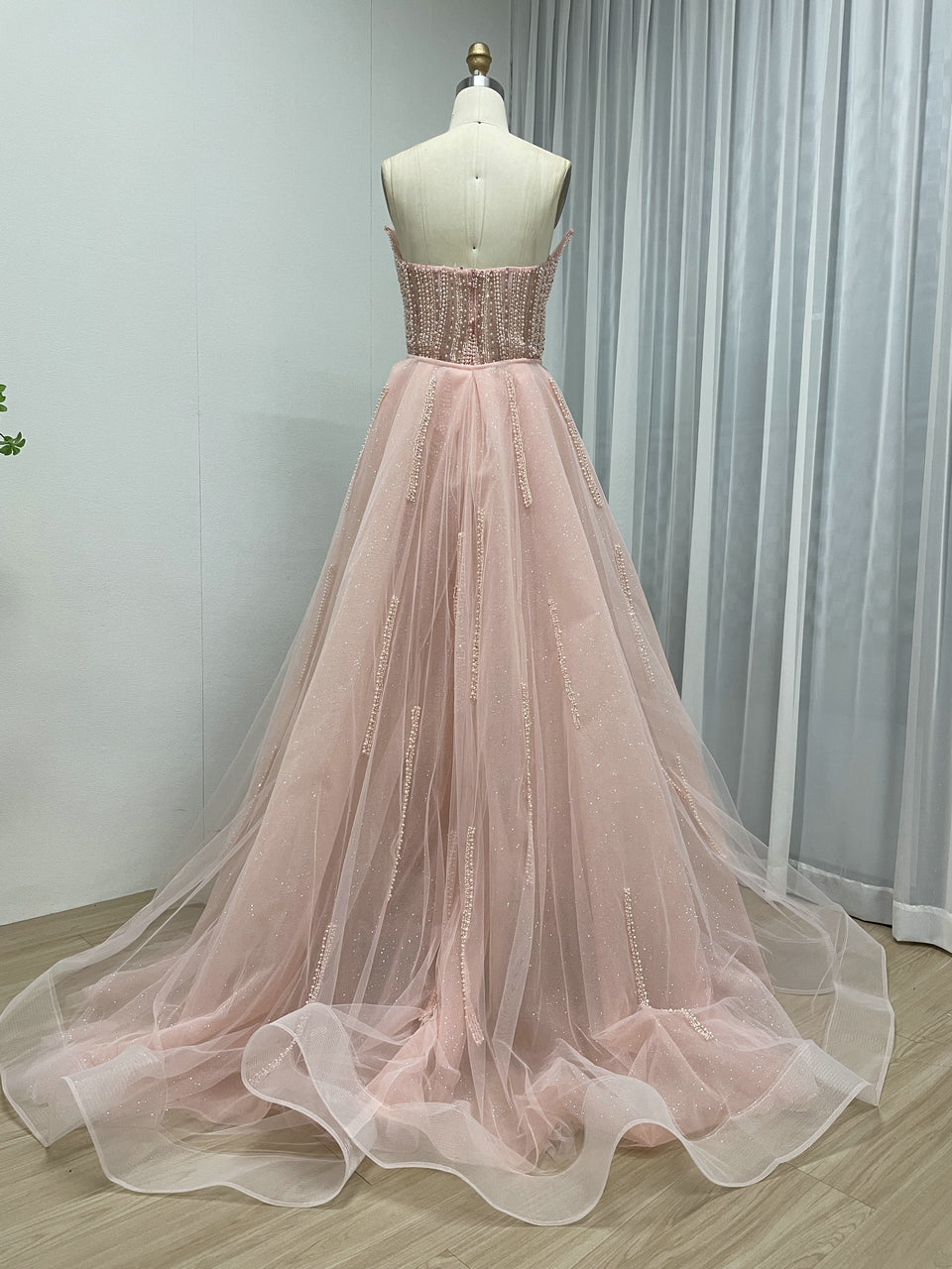 Ivory Nude Couture Pageant Dress with Crystal Pearls and Overskirt MY30216-2B