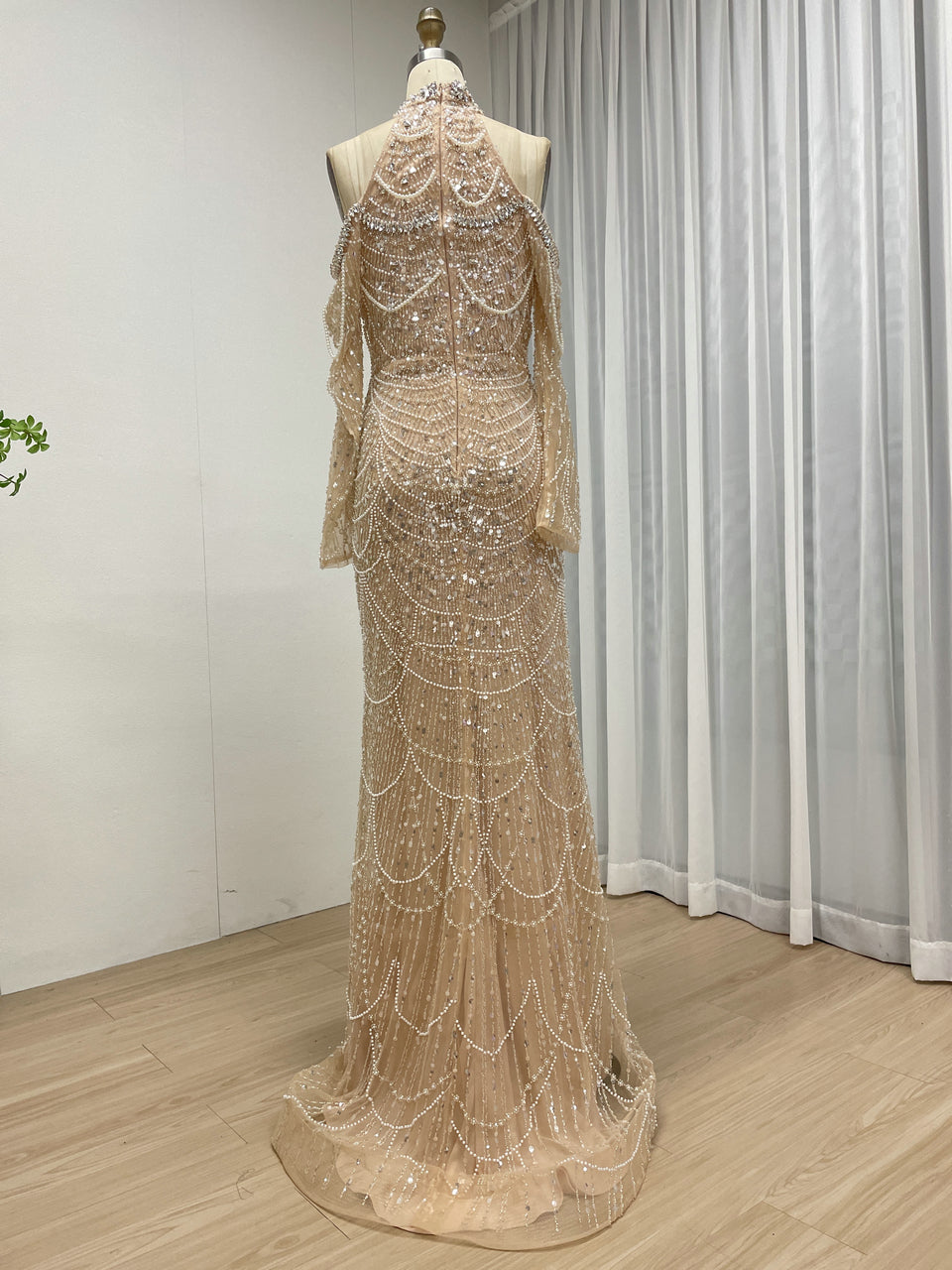 Champagne Beaded Evening Gown Plunging V-Neck Trumpet Long Sleeve Formal Dress MY30218