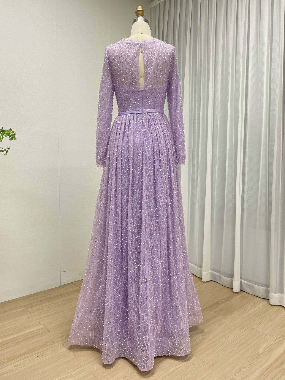 Lilac Sparkle Modest Beading lace Evening Gown with Draped Skirt & Bow Belt MY30221