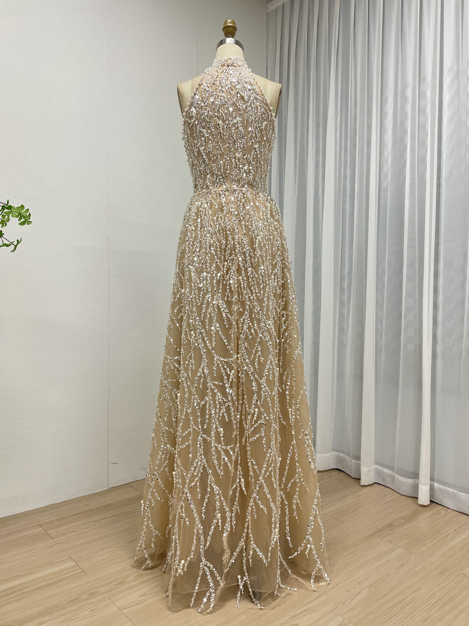 Champagne Pearl Beaded Halter Neck A-Line Evening Gown - High Neck Bridal Reception Dress MY30223