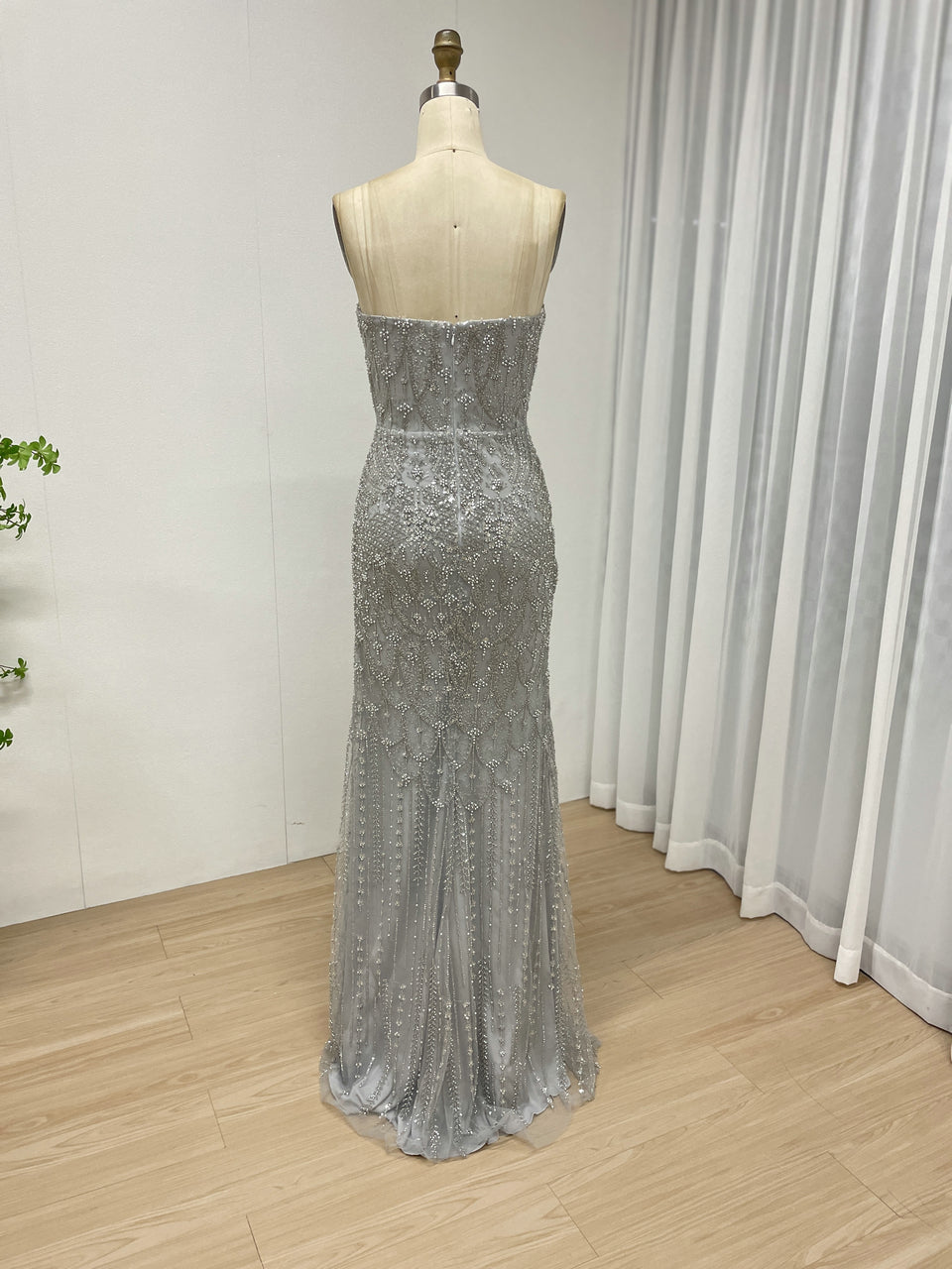 Grey Beaded Art Deco Mermaid Evening Gown with Illusion Capelet MY30224