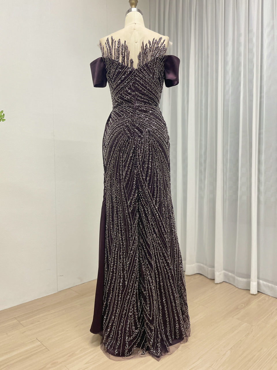 Purple Off-the-Shoulder Beaded Evening Gown with Side Drape - Style MY30227
