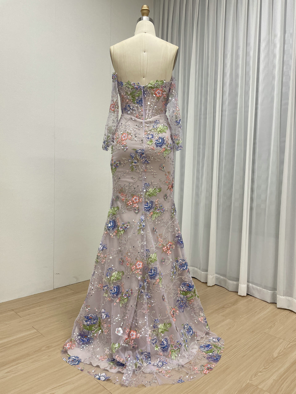 Champagne Floral Embroidered Mermaid Evening Gown Long Sleeve Prom Dress MY30235