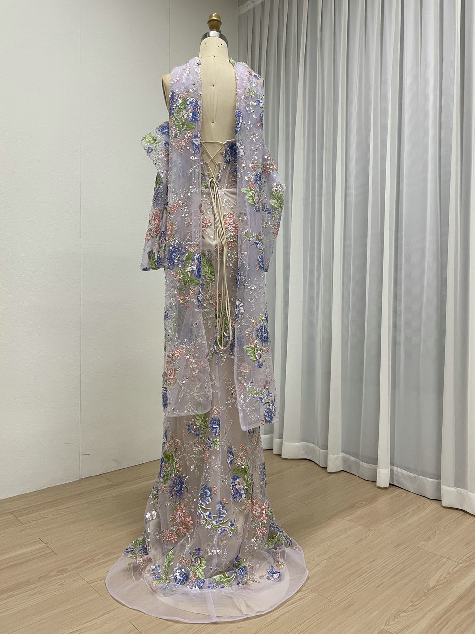 Blush Pink Floral Embroidered Evening Gown Sweetheart Corset Prom Dress with Scarf MY30260