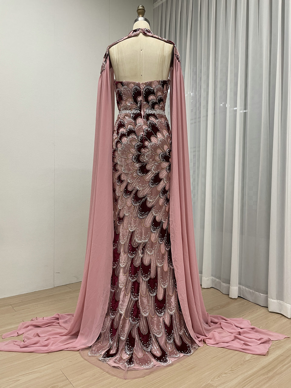 Designer Pink Crystal Embellished Mermaid Evening Dress with Chiffon Cape Sleeves MY30267-2