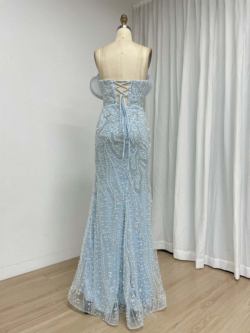 Sage Green Beaded Mermaid Evening Gown with Pearl Embellishments and Sculpted Sweetheart Neckline MY30272