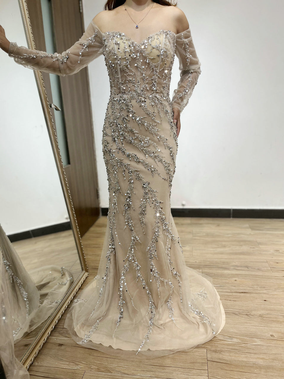 Beautiful Nude Hand Beading Mermaid Dress Long Sleeve Birthday Party Prom Dress YD22201L