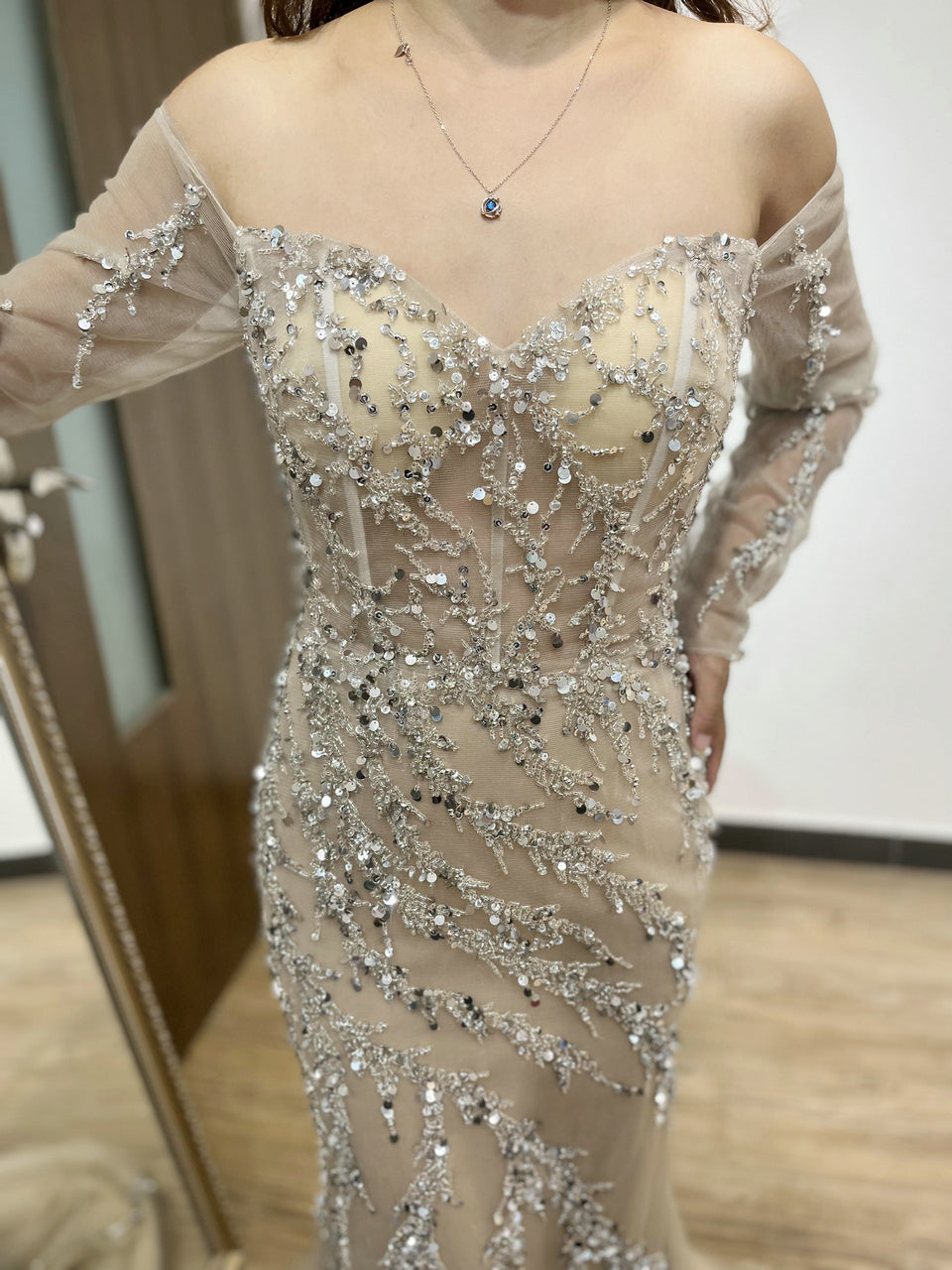 Beautiful Nude Hand Beading Mermaid Dress Long Sleeve Birthday Party Prom Dress YD22201L