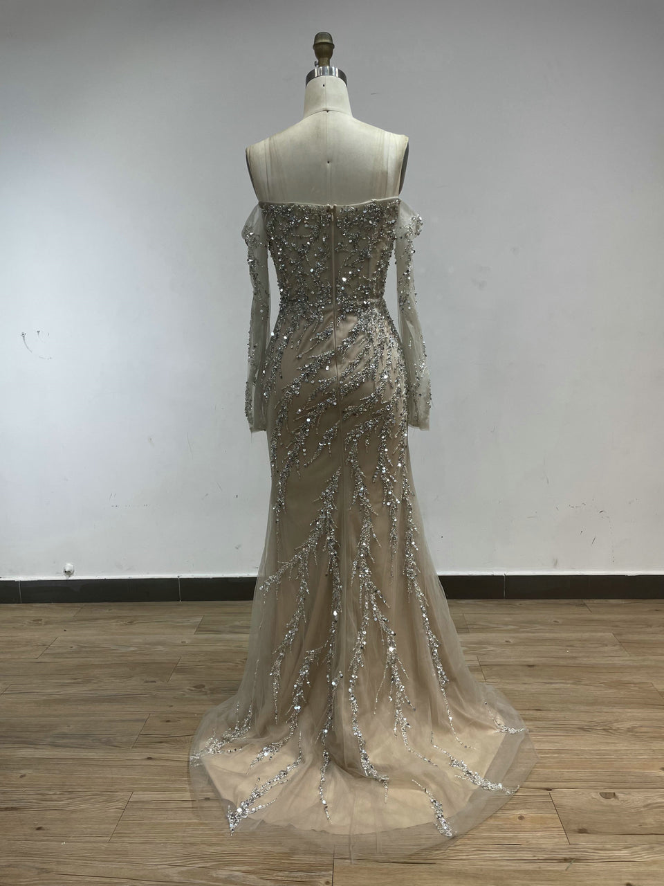 Beautiful Nude Hand Beading Mermaid Dress Long Sleeve Birthday Party Prom Dress YD22201L