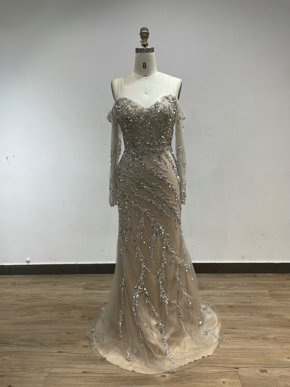 Beautiful Nude Hand Beading Mermaid Dress Long Sleeve Birthday Party Prom Dress YD22201L