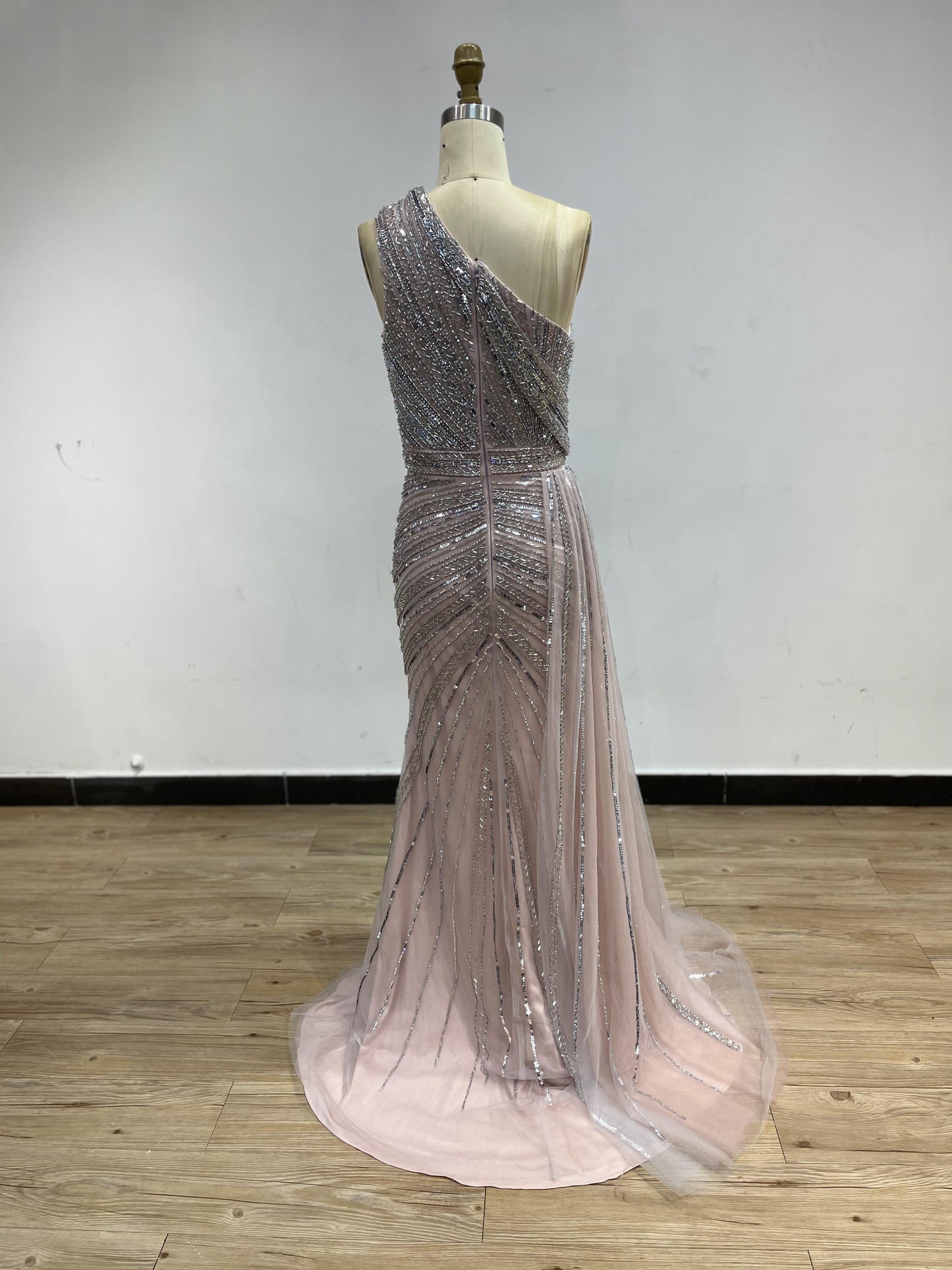 One-Shoulder Sequin Mermaid Evening Gown with Thigh-High Slit - Grey Pink YD22202