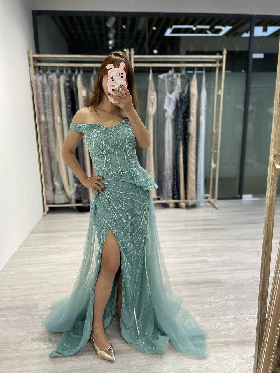 Elegant Mint Green Pink Mermaid Gown Shimmery Beaded Tulle Prom Gala Dress YD22205