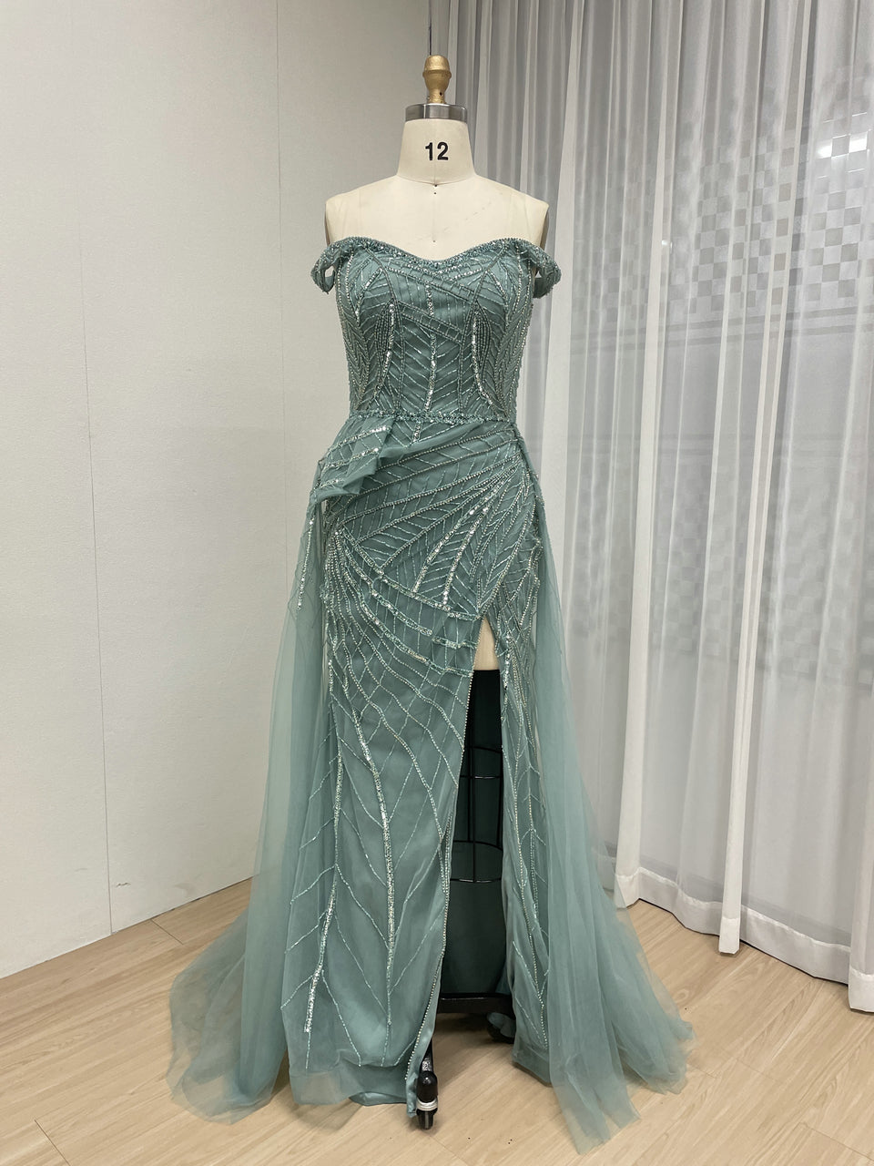 Elegant Mint Green Pink Mermaid Gown Shimmery Beaded Tulle Prom Gala Dress YD22205