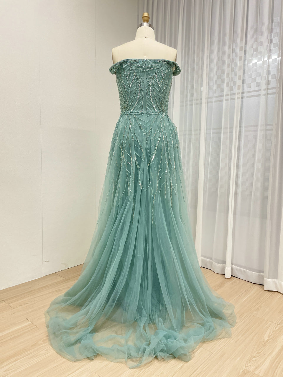 Elegant Mint Green Pink Mermaid Gown Shimmery Beaded Tulle Prom Gala Dress YD22205