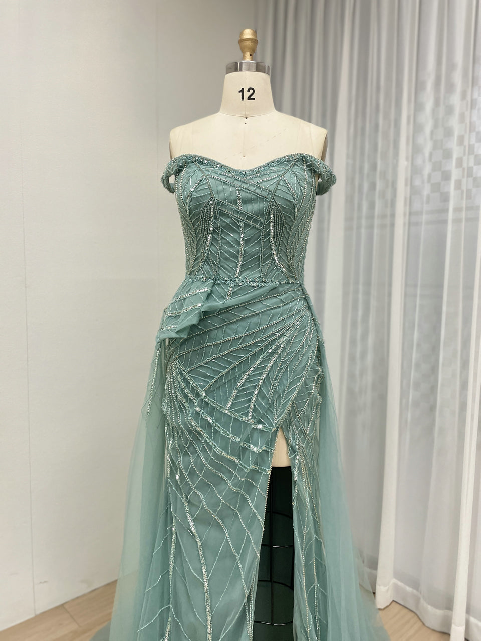 Elegant Mint Green Pink Mermaid Gown Shimmery Beaded Tulle Prom Gala Dress YD22205