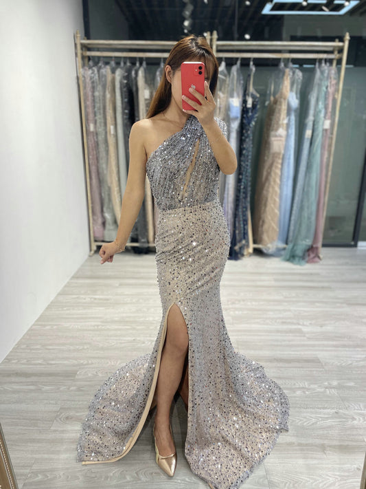 Exclusive One Shoulder High Split Designer Evening Dress AM22212