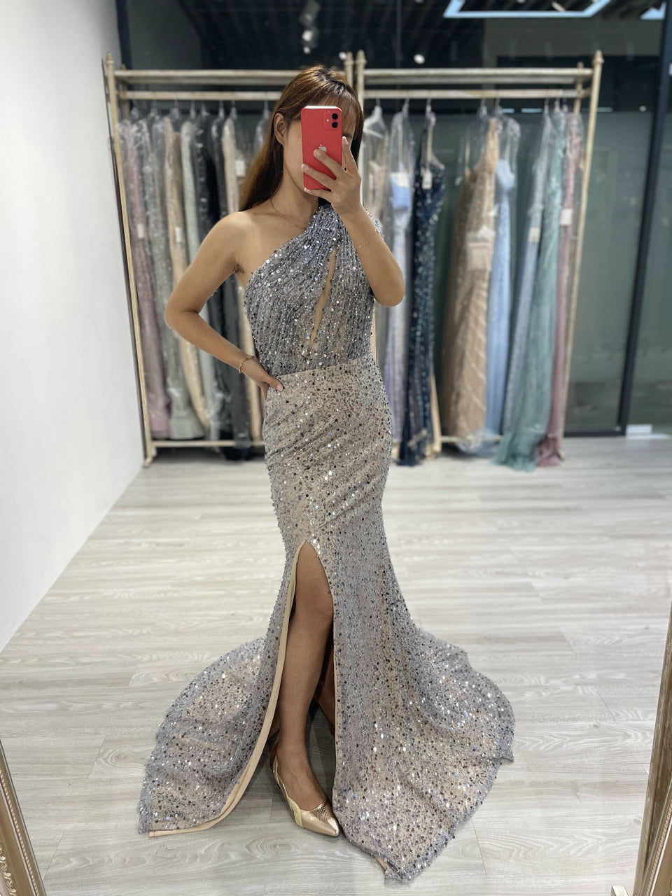 Exclusive One Shoulder High Split Designer Evening Dress AM22212