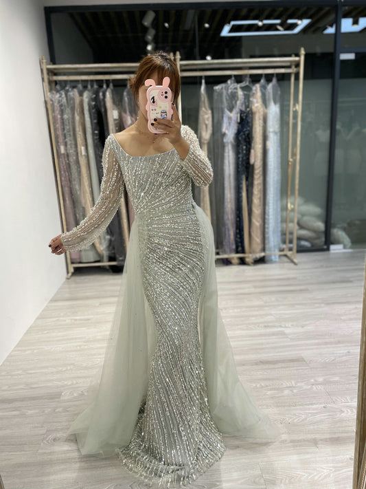 Square Neck Long Sleeve Beading Dress ASU2020-08L