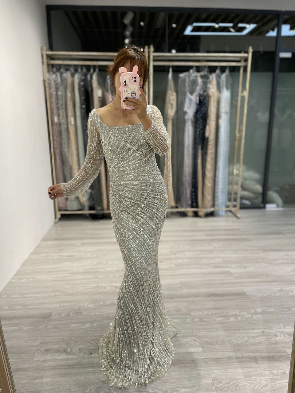 Square Neck Long Sleeve Beading Dress ASU2020-08L