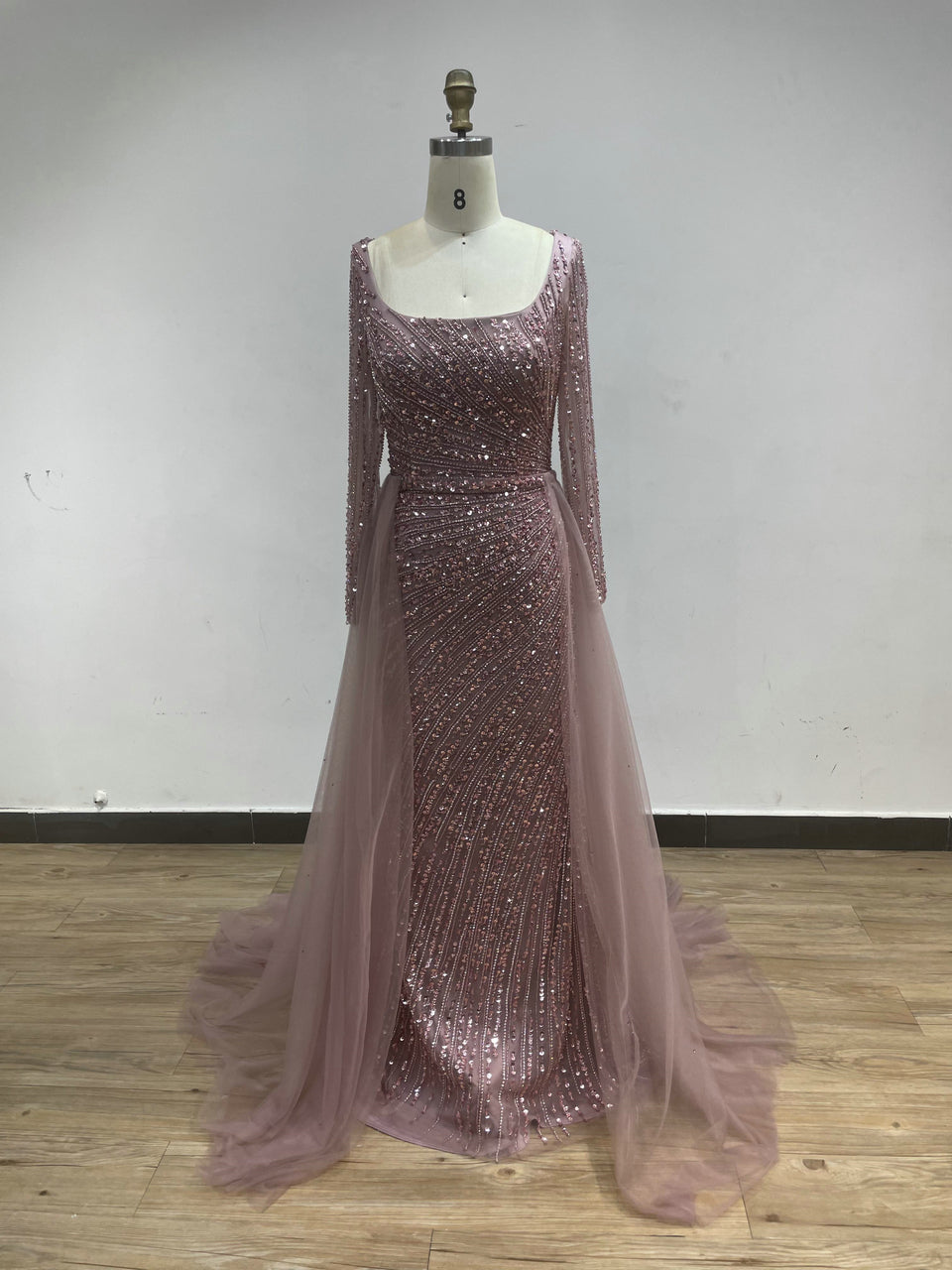 Square Neck Long Sleeve Beading Dress ASU2020-08L
