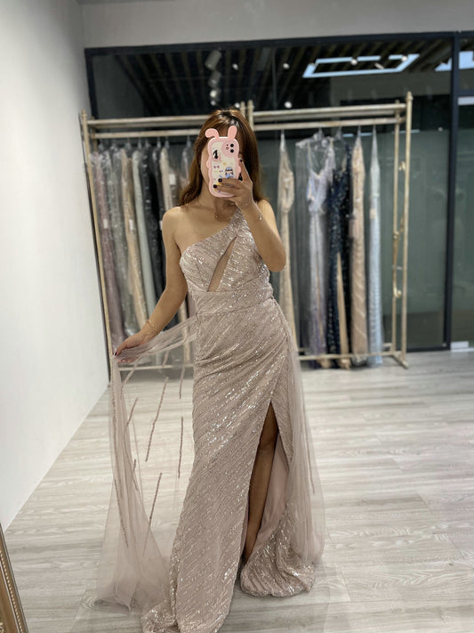 Unique One Shoulder Beading Lace High Split Pink Formal Evening Dress DDS055