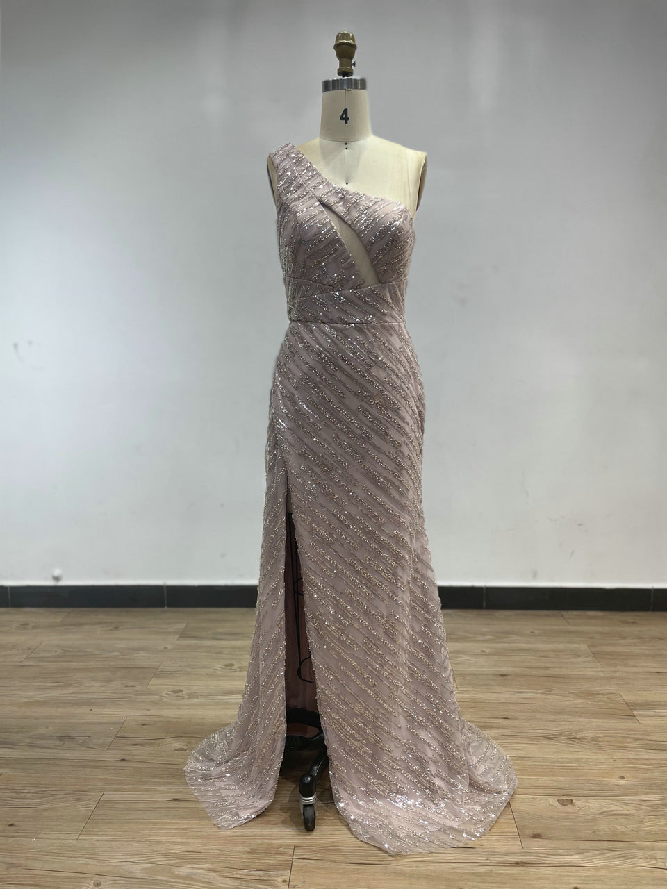 Unique One Shoulder Beading Lace High Split Pink Formal Evening Dress DDS055