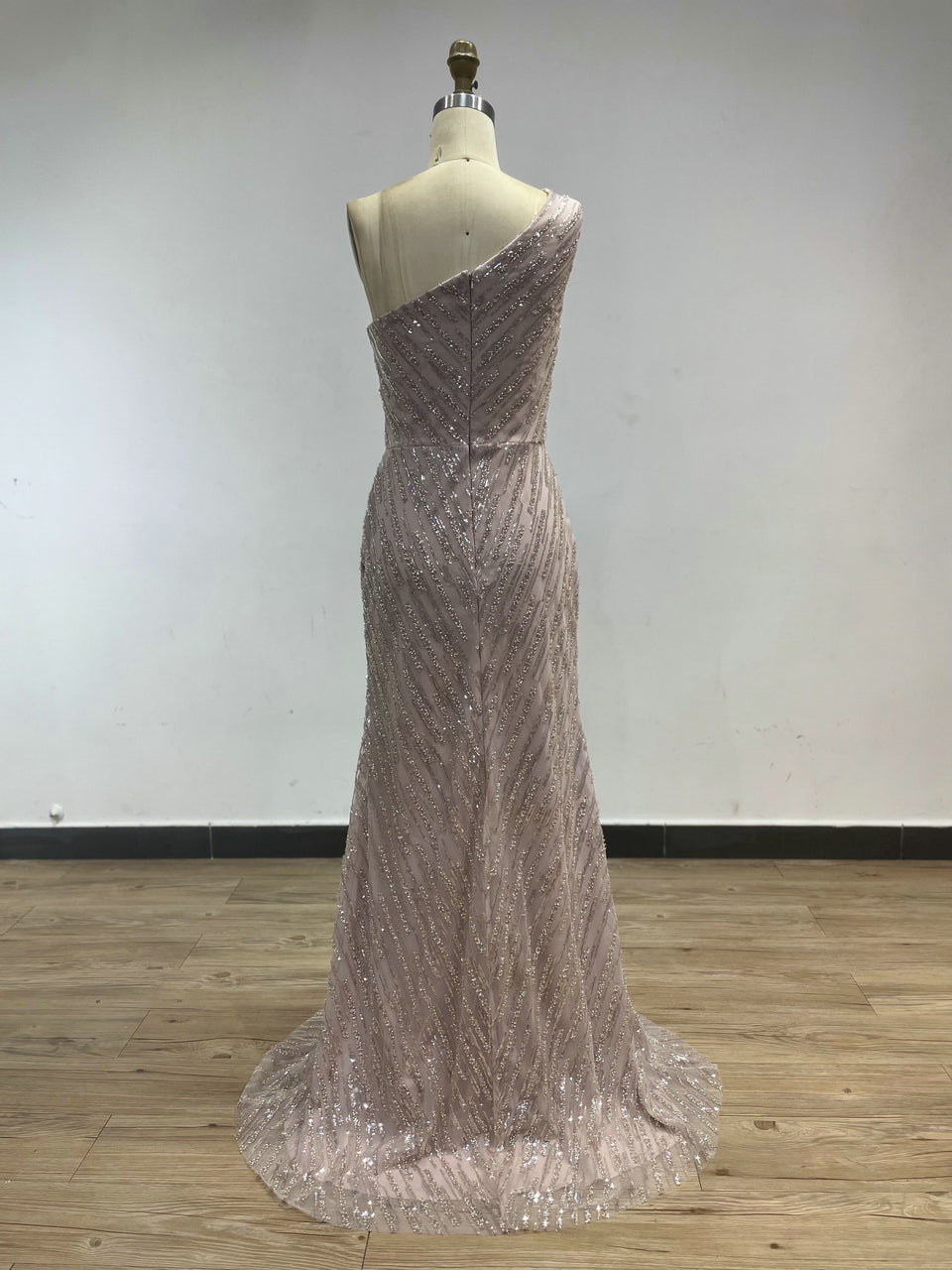 Unique One Shoulder Beading Lace High Split Pink Formal Evening Dress DDS055