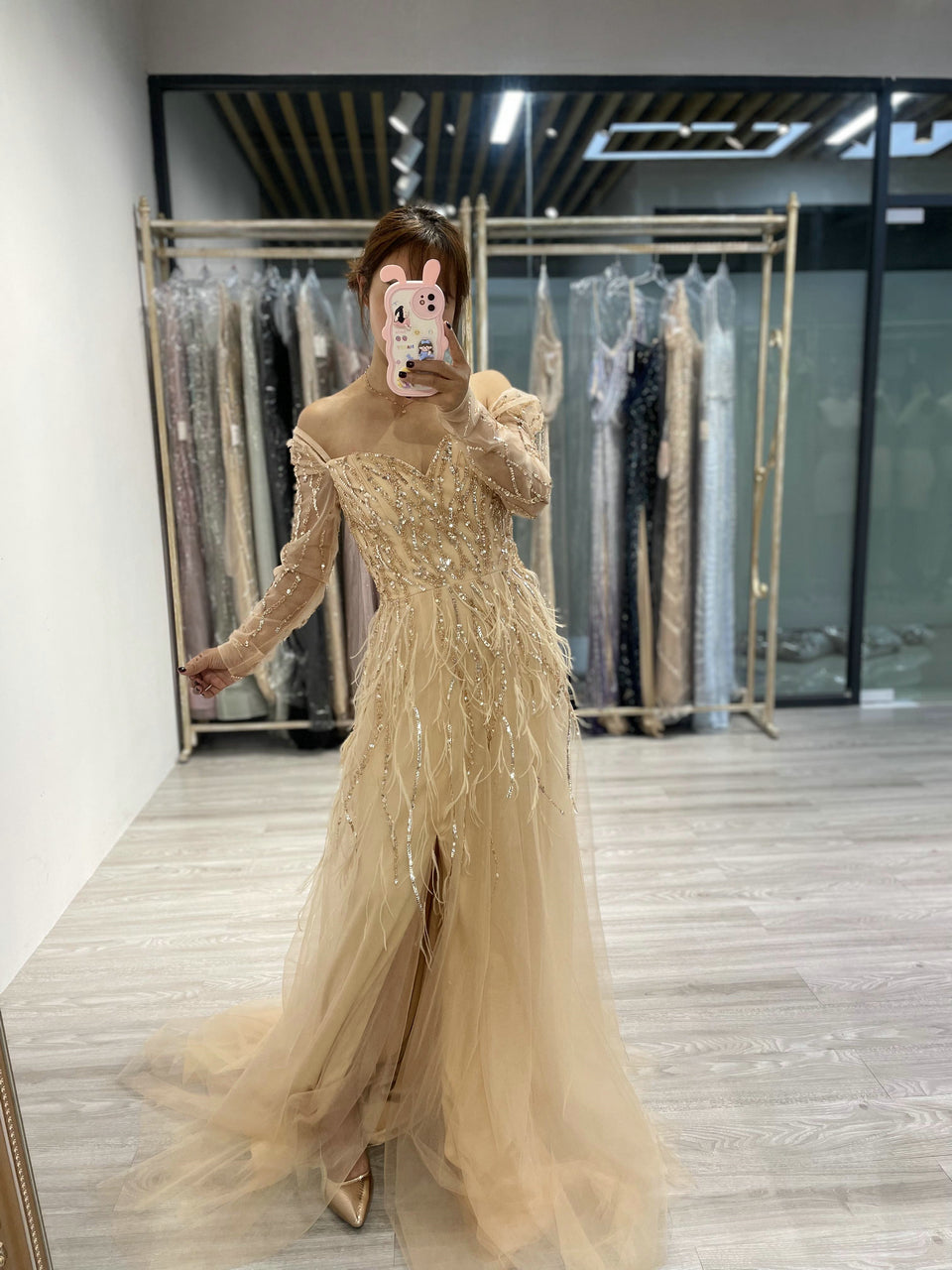 Exquisite Off Shoulder Beading Feather A Line Dress DXM015