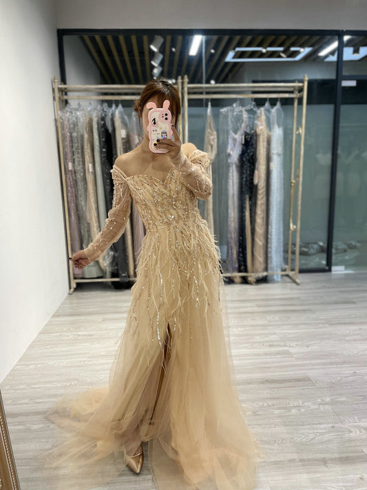 Exquisite Off Shoulder Beading Feather A Line Dress DXM015