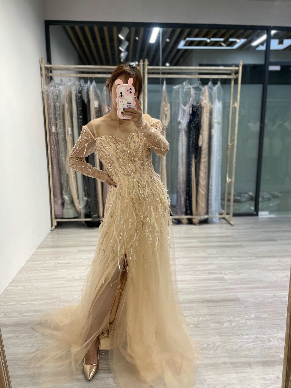 Exquisite Off Shoulder Beading Feather A Line Dress DXM015