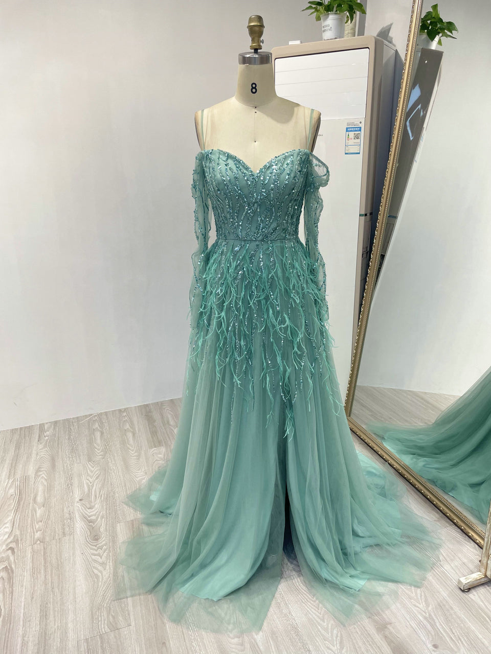 Exquisite Off Shoulder Beading Feather A Line Dress DXM015