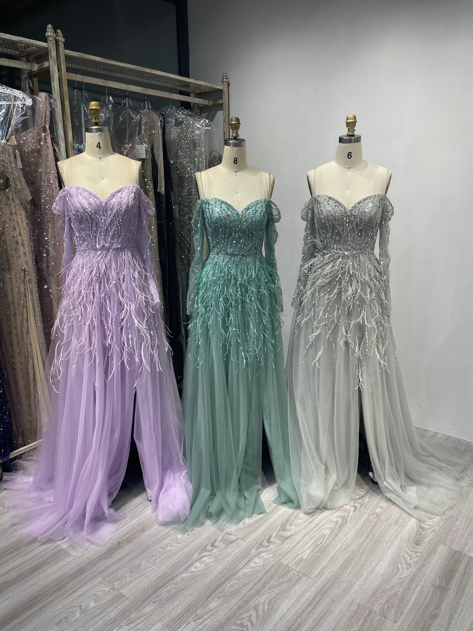 Exquisite Off Shoulder Beading Feather A Line Dress DXM015