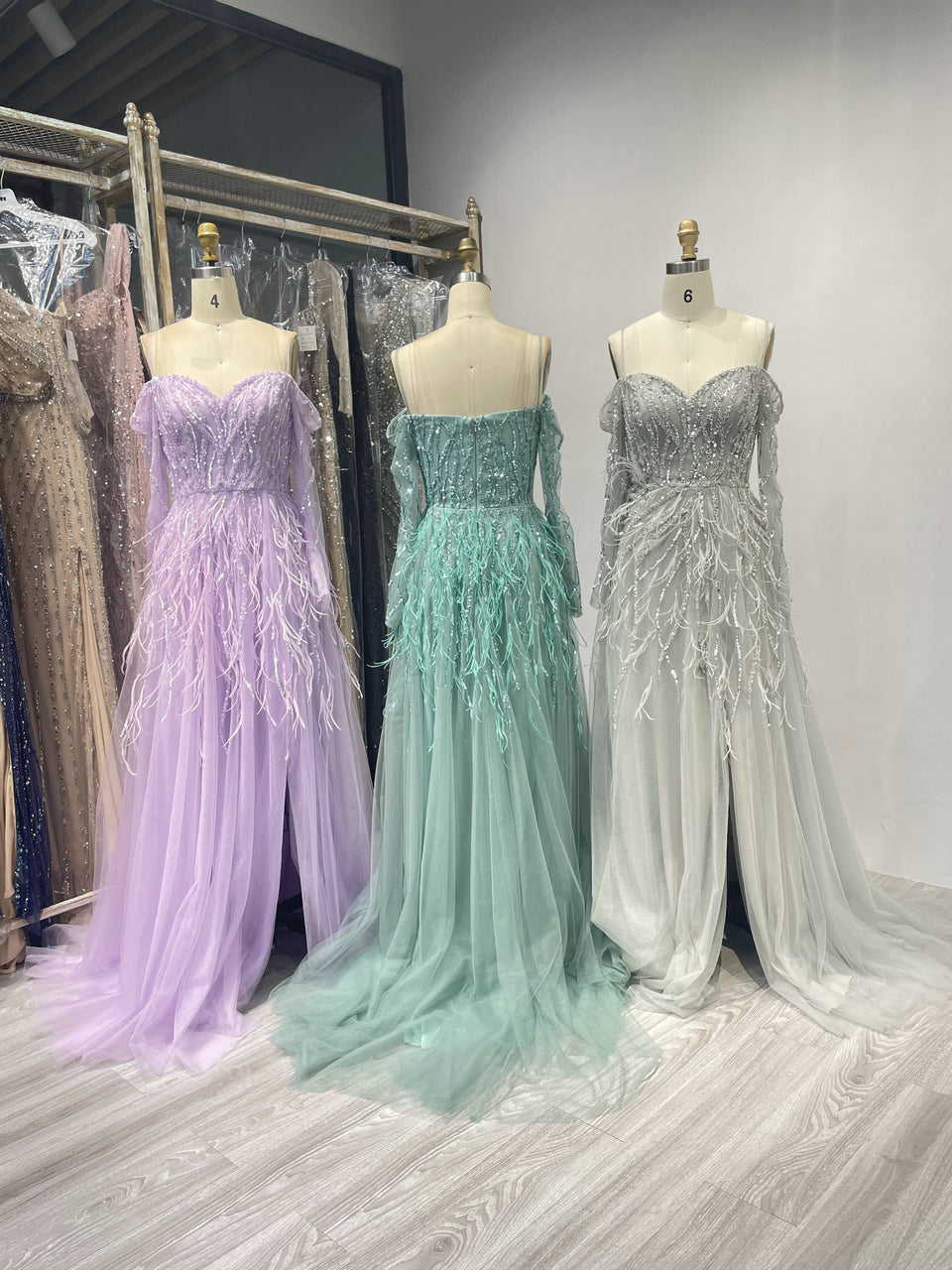 Exquisite Off Shoulder Beading Feather A Line Dress DXM015