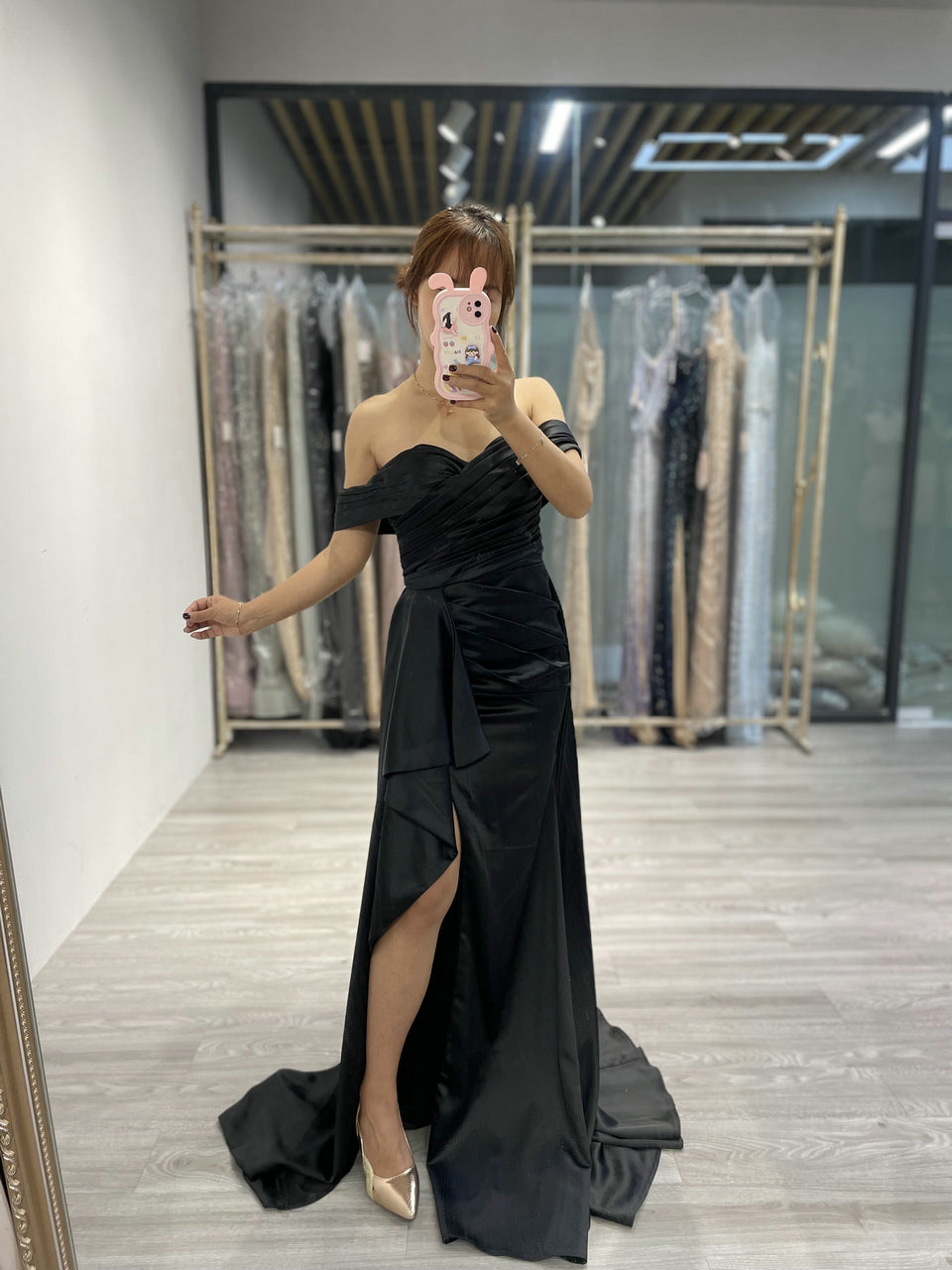 Beautiful Strapless Off Shoulder Ruffle Skirt Slit Black Evening Dress MC20005