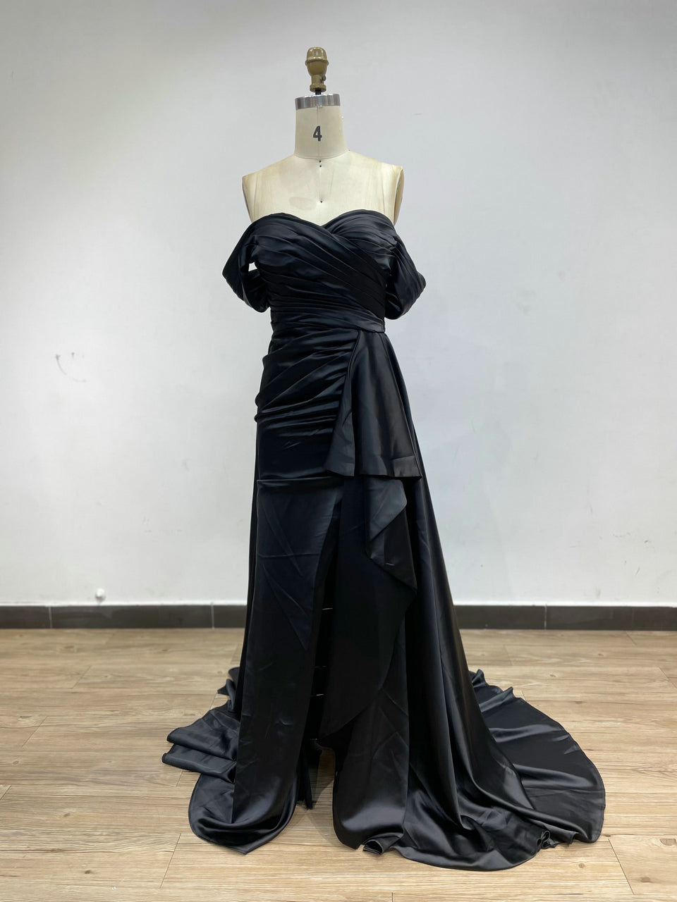 Beautiful Strapless Off Shoulder Ruffle Skirt Slit Black Evening Dress MC20005