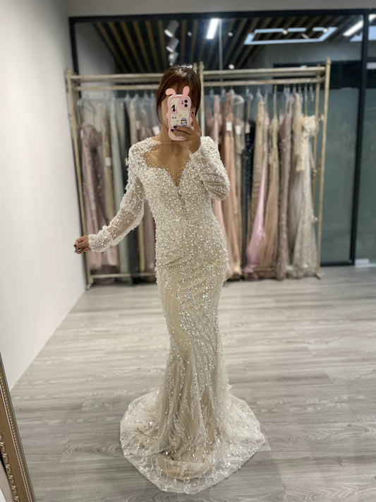 Stylish Beading Lace Long Sleeve Evening Gown MS66014-3