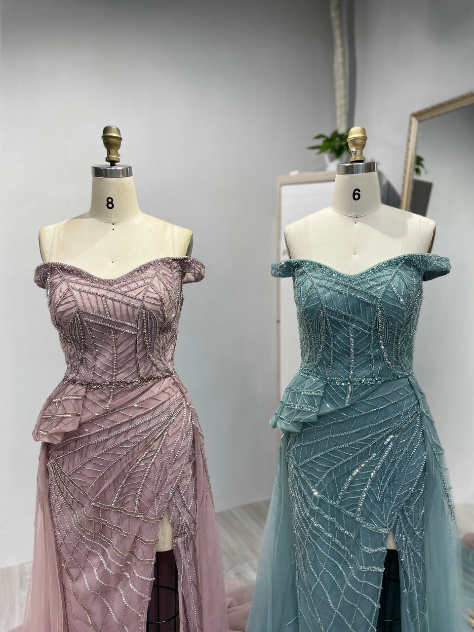 Luxury Handmade Beading Off Shoulder High Split Evening Dress YD22205