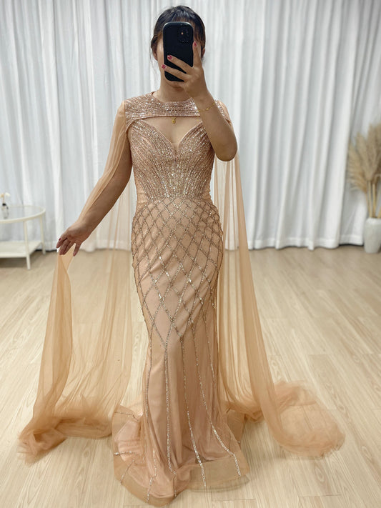 Luxury Mermaid Prom Evening Gown With Elegant Detachable Cap Sleeve MB40376
