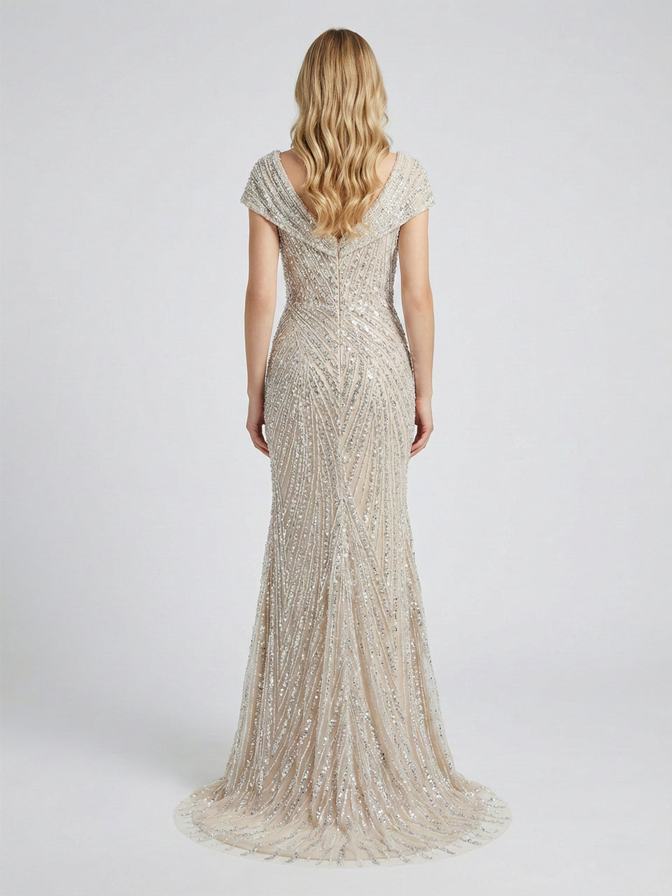 Art Deco Geometric Beaded Off-The-Shoulder Evening Gown MC20073