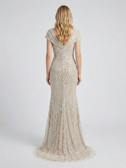 Art Deco Geometric Beaded Off-The-Shoulder Evening Gown MC20073