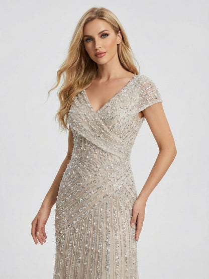 Art Deco Geometric Beaded Off-The-Shoulder Evening Gown MC20073