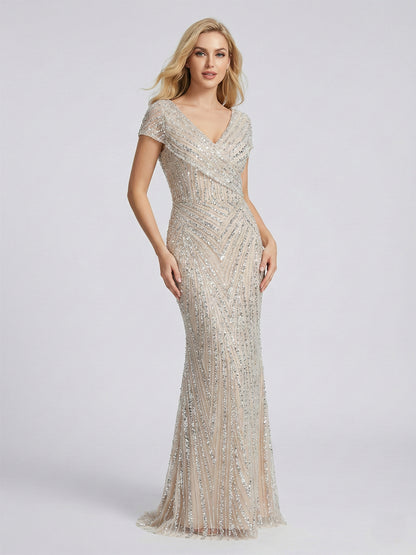 Art Deco Geometric Beaded Off-The-Shoulder Evening Gown MC20073