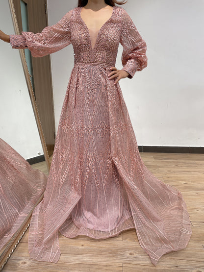 Puffy Long Sleeve Couture Beading Lace Evening Dress 22033