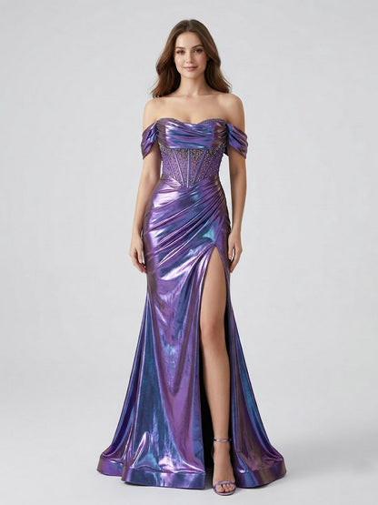 Iridescent Metallic Purple Off-the-Shoulder Corset Prom Dress with High Slit MB40454