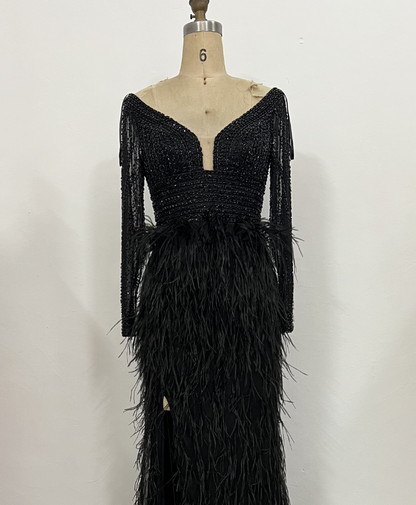 Luxurious Handmade Haute Couture Beading Feather Long Sleeve Evening Dress MB40060