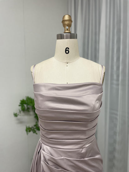 Strapless Ruffle High Split Pink Satin Bridesmaid Dress AM22208