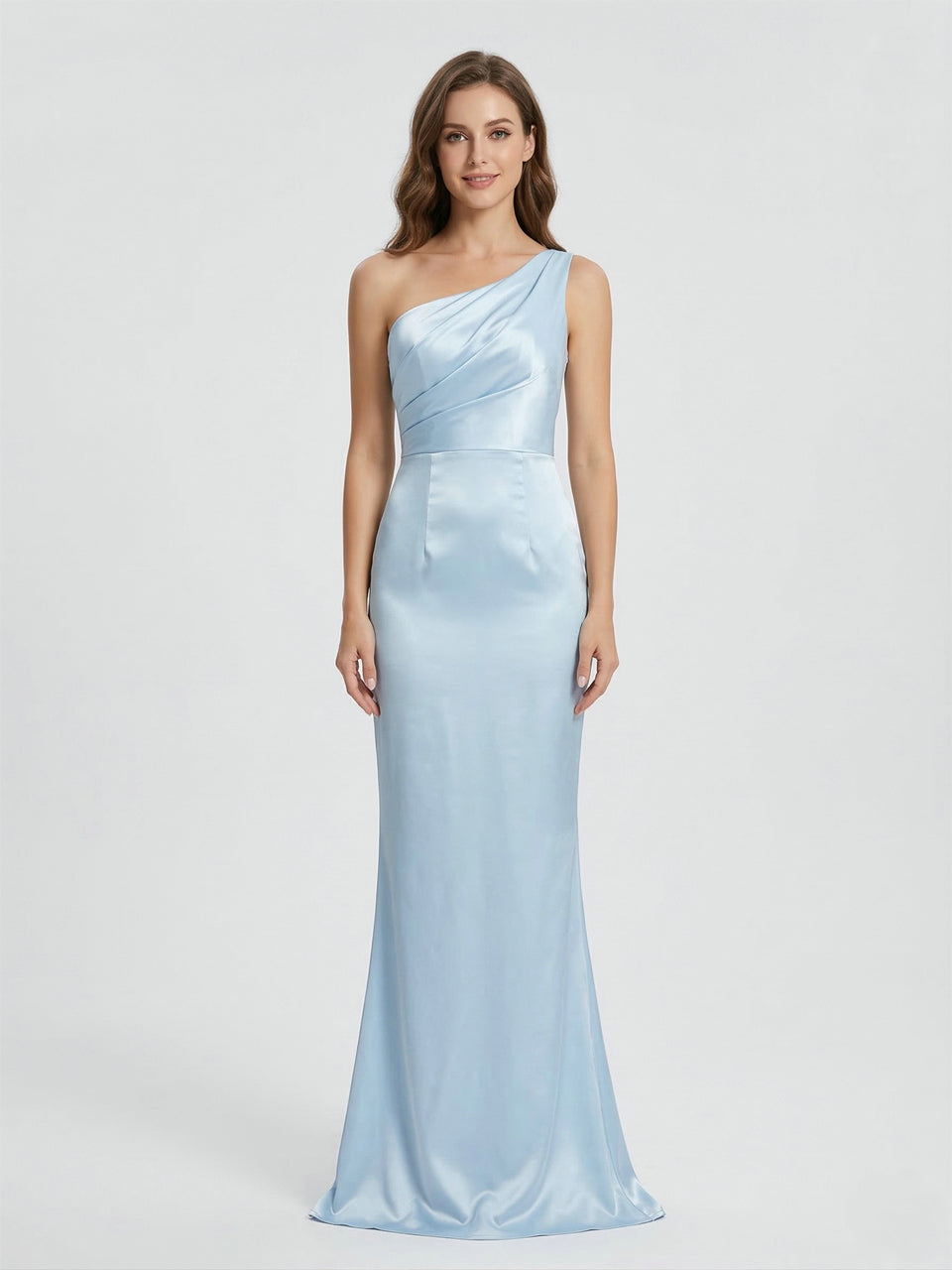 One-Shoulder Ice Blue Satin Mermaid Evening Gown - Pleated Bodice Formal Dress AM22209